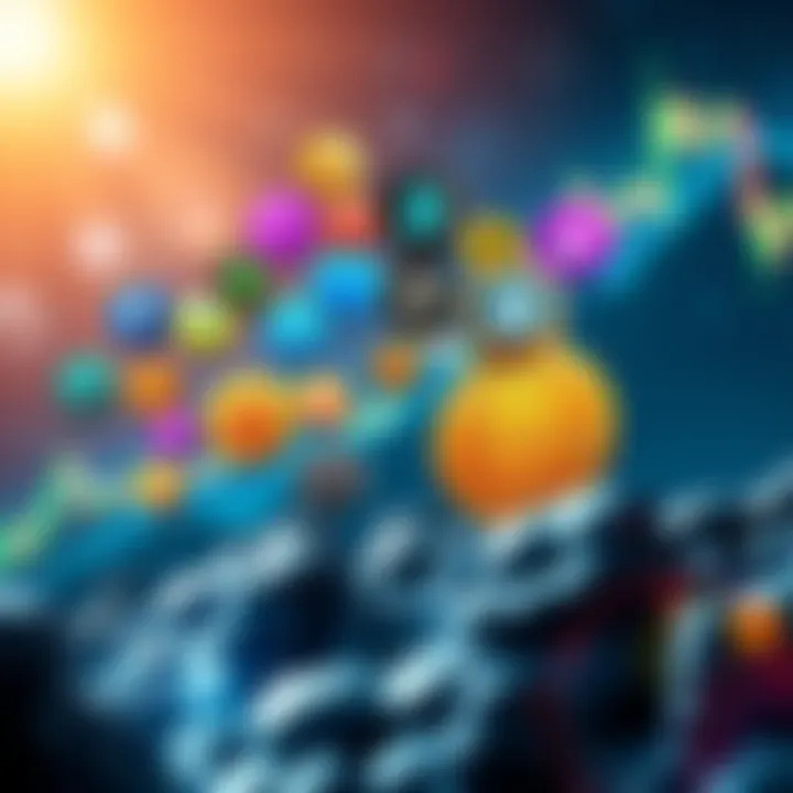 A group of colorful altcoin symbols representing diverse cryptocurrencies, rising against a backdrop of a declining Bitcoin chart, symbolizing altcoin growth amid Bitcoin's struggles.