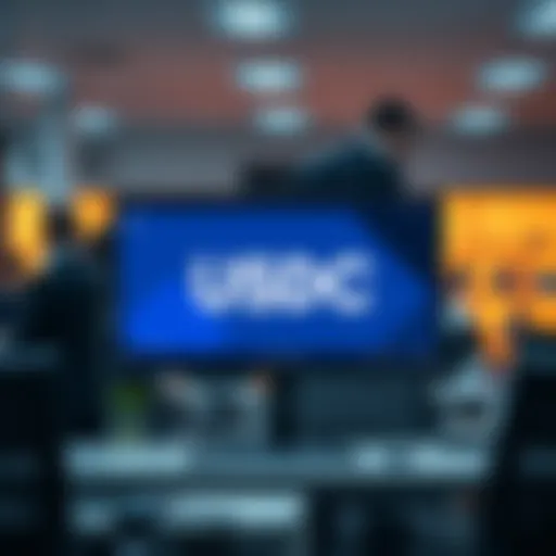An office scene showing a digital payment transaction with USDC on a screen, symbolizing Alvarez & Marsal's first stablecoin payment.