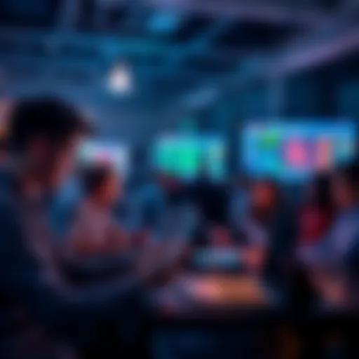 Developers collaborating at a tech event, working on laptops with coding screens and brainstorming ideas.