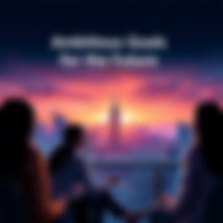 A group of people discussing their future goals and aspirations with a city skyline in the background.