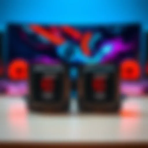 A side-by-side view of AMD 9700X and 7800X3D CPUs on a gaming setup with a 1440p monitor in the background.