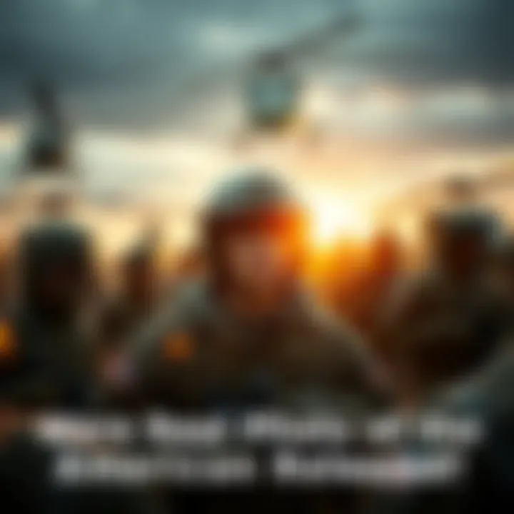 American airman in rescue operation A scene depicting an American airman surrounded by military personnel during a rescue, with helicopters in the background.