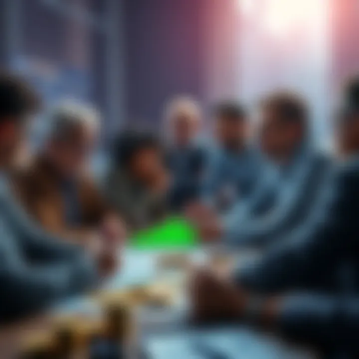 A group of diverse Americans discussing cryptocurrency options, with financial charts and digital currencies on a table.