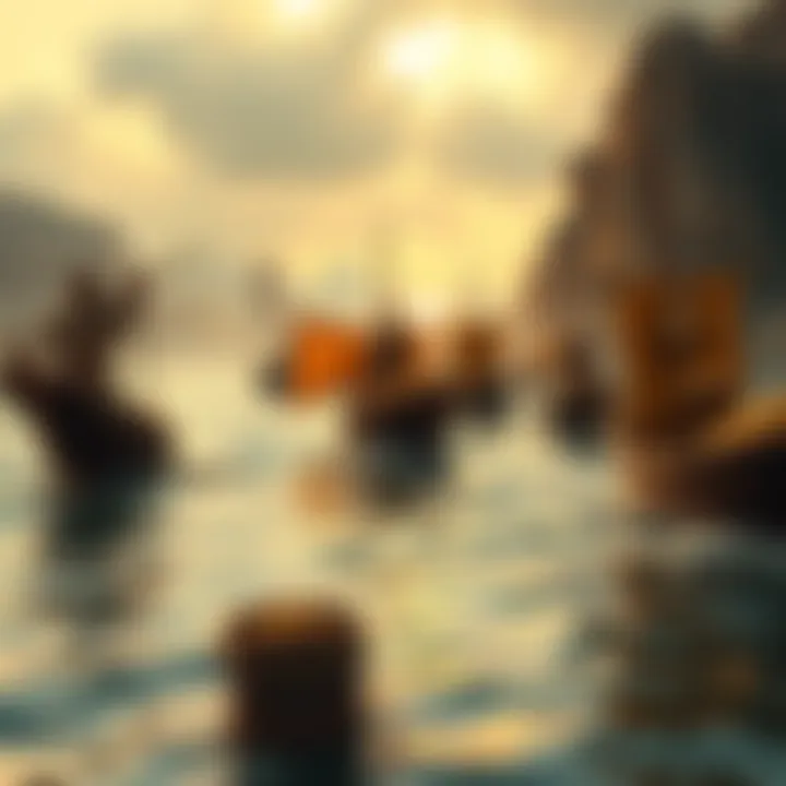 A historical scene showing merchants transporting gold and goods on boats and caravans, emphasizing ancient trade practices.