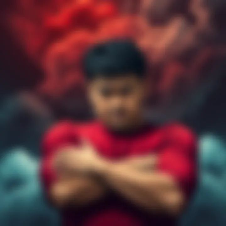 A person with a frown, arms crossed, surrounded by dark clouds symbolizing anger. Their expression shows frustration and sadness.