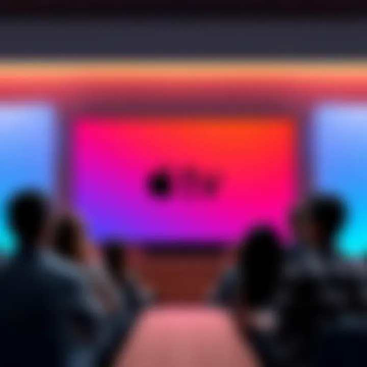 People discussing what features they want in the next Apple TV release, with a TV in the background showing the Apple logo.