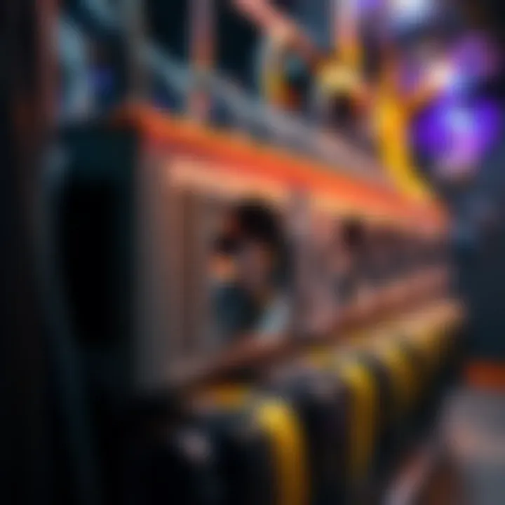 A close-up view of the Antminer S23 Hyd 3U machine in a cryptocurrency mining farm, showing its cooling system and power connections.