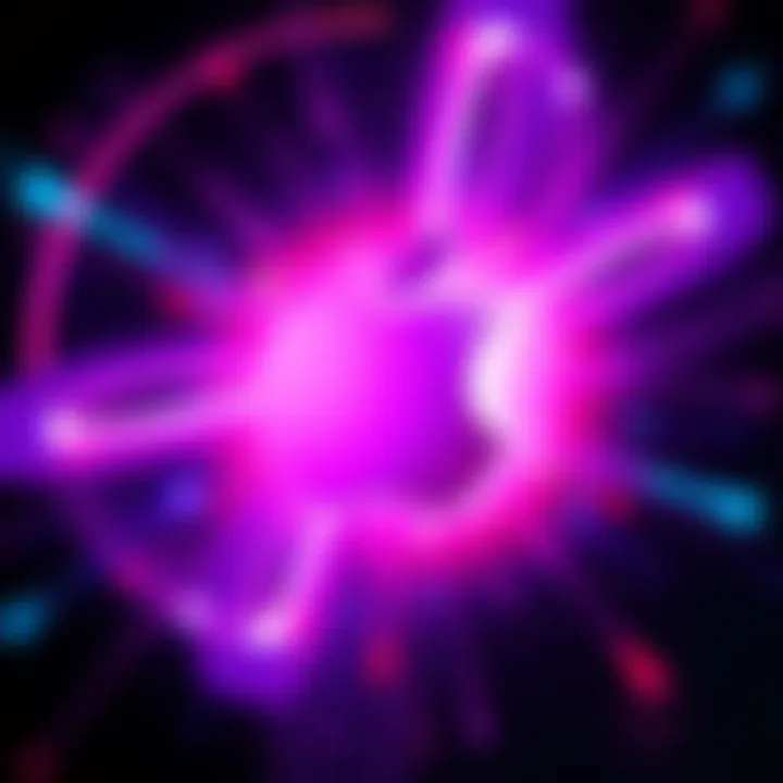 A close-up of a glowing Apple logo with abstract light patterns surrounding it, hinting at new technology.