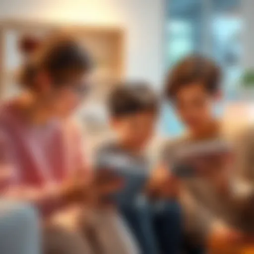 A family using different Apple devices while discussing AppleCare One Family support options.