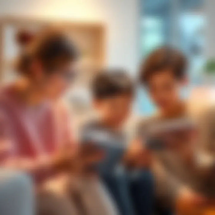 A family using different Apple devices while discussing AppleCare One Family support options.