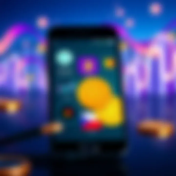 A smartphone displaying various finance apps that allow rounding up card payments to invest in Bitcoin or stocks, with Czechia currency symbols in the background.