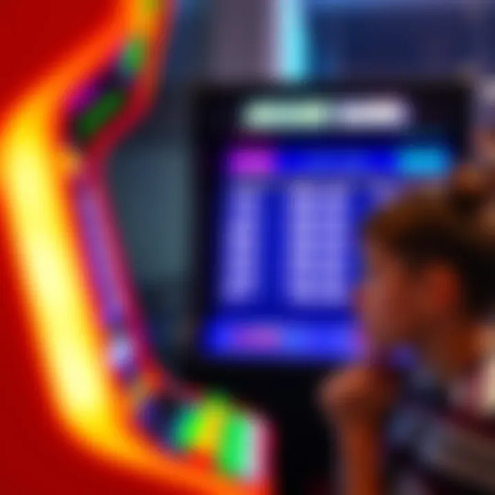 A close-up of a mini arcade game display showing high scores with a concerned player looking on.