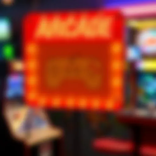 A colorful sign announcing a new offer at an arcade, with images of game controllers and retro arcade machines in the background.