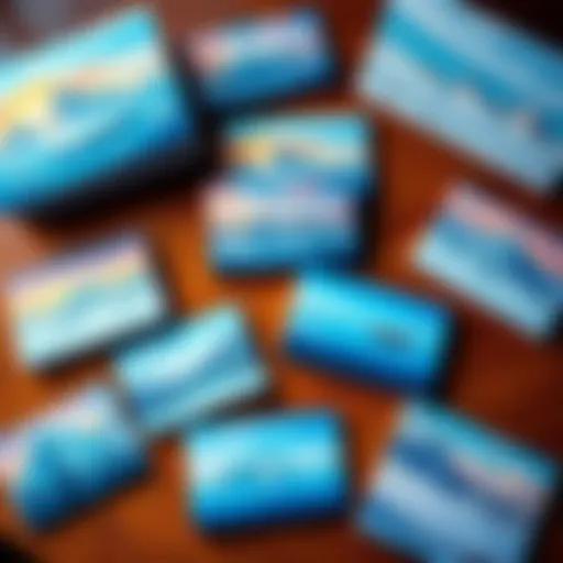 A collection of vibrant arctic themed custom cards featuring icebergs, polar bears, and snowy landscapes, displayed on a wooden table.