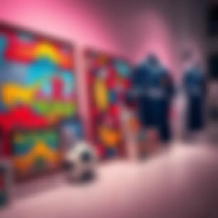 A display of colorful artworks alongside a soccer ball and Bundesliga club jerseys.
