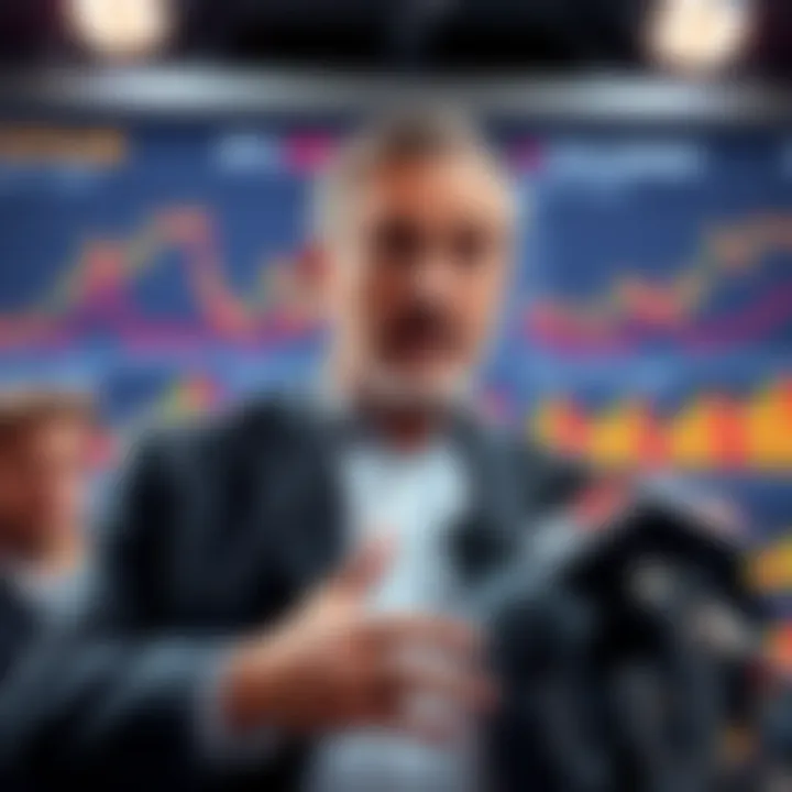 Arthur Hayes discusses his reasons for selling off his investments at a press conference, with charts showing market trends in the background.