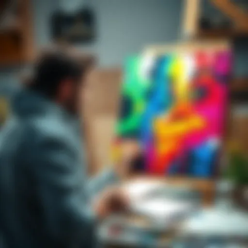 An artist paints a colorful canvas in their studio, showcasing the final touches on a vibrant art piece.