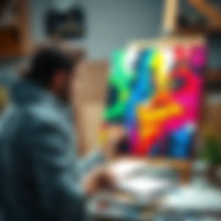 An artist paints a colorful canvas in their studio, showcasing the final touches on a vibrant art piece.