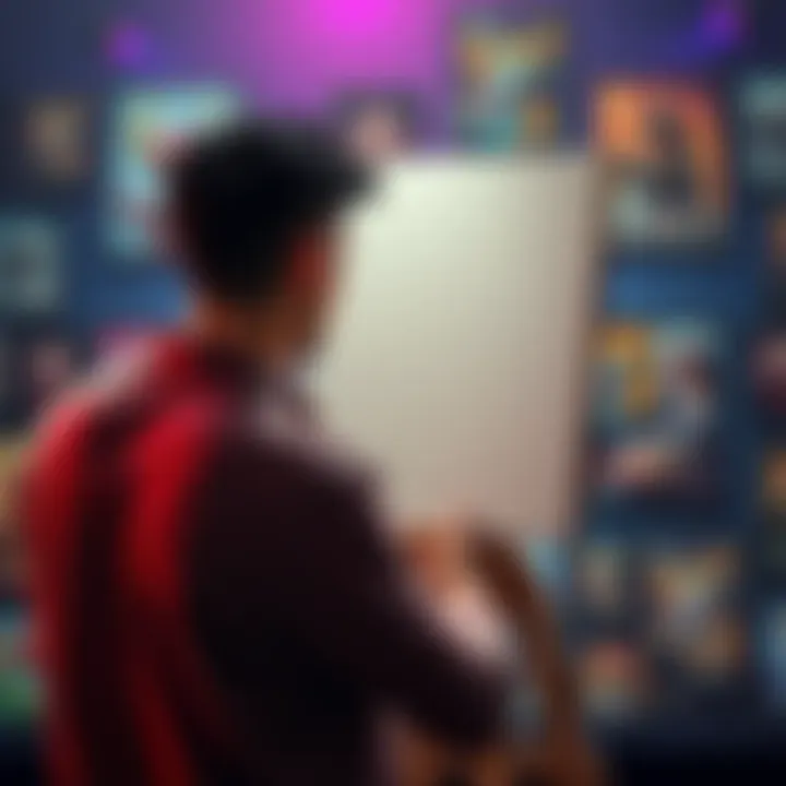 An artist looking at an empty canvas with frustration, surrounded by NFT artwork displayed on a screen, symbolizing their struggle to sell on OpenSea.
