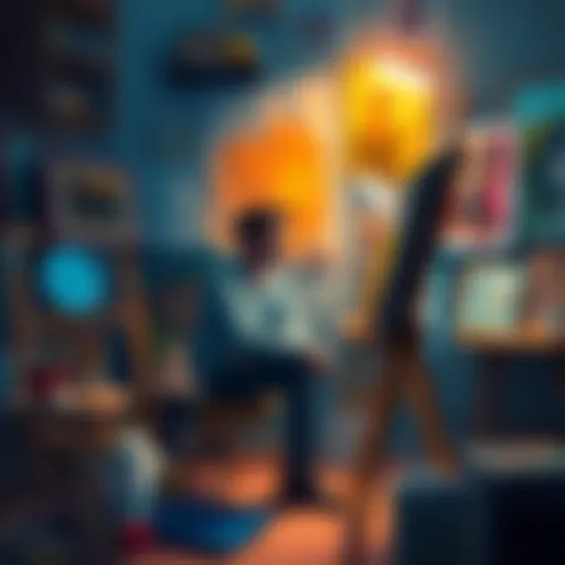 Artist sitting at an easel, looking confused and frustrated, surrounded by his paintings and art supplies