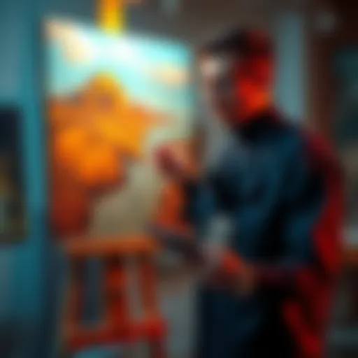 An artist holds a physical painting while looking at a digital screen showing an NFT version of the artwork.
