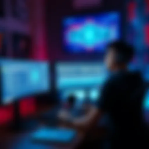 An artist seated at a computer, creating music with AI software displayed on the screen, illustrating the blend of technology and artistry.