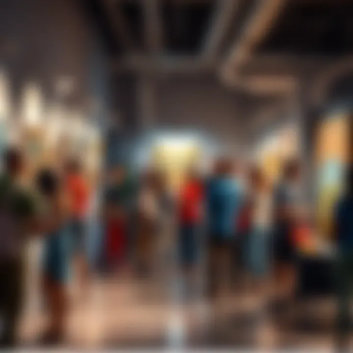 A diverse group of artists sharing ideas and showcasing their work at a vibrant art event.