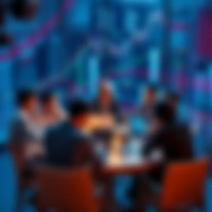 Group of Asian crypto traders discussing and sharing insights at a round table, with charts and laptops.