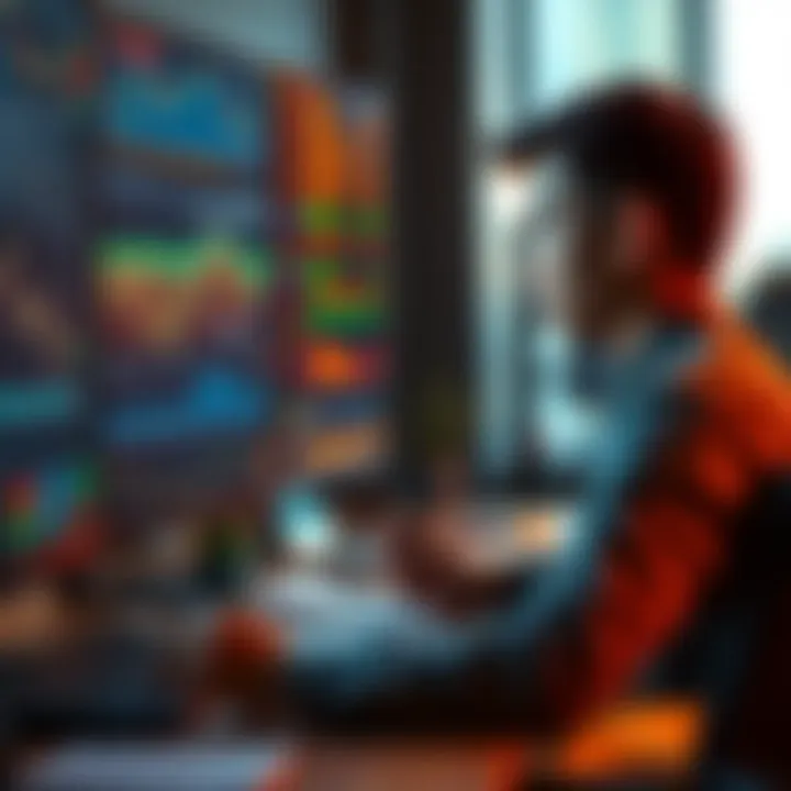 A young trader looking at a computer screen filled with stock charts and data, taking notes in a journal.