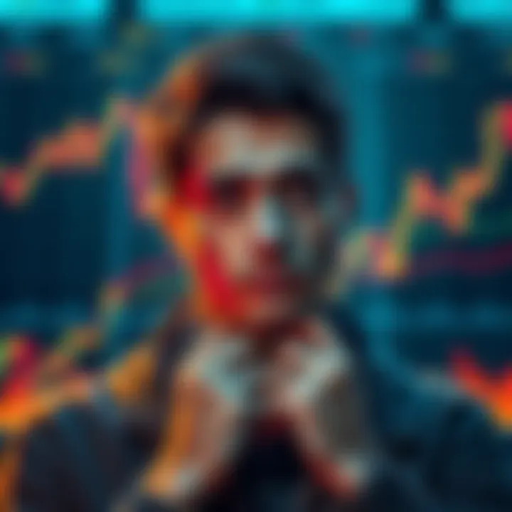 A person contemplating whether to sell assets or wait for prices to drop, with financial charts in the background.