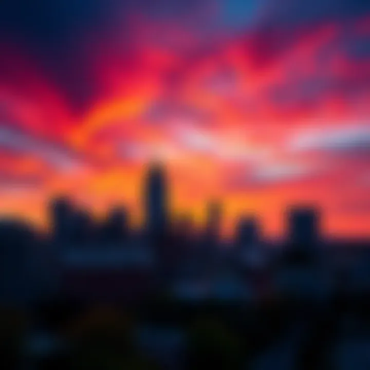 Atlanta skyline at sunset View of the Atlanta skyline during sunset with vibrant colors in the sky