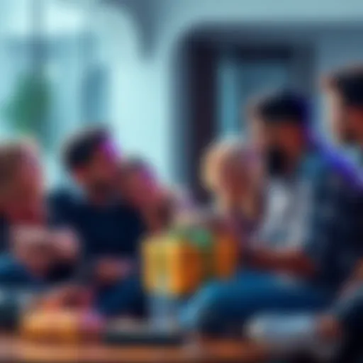 A group of diverse friends discussing the idea of gifting Atlas Bugs, with some showing excitement and others appearing concerned about tax implications.