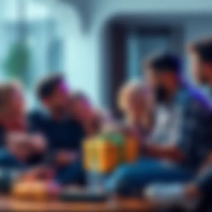 A group of diverse friends discussing the idea of gifting Atlas Bugs, with some showing excitement and others appearing concerned about tax implications.