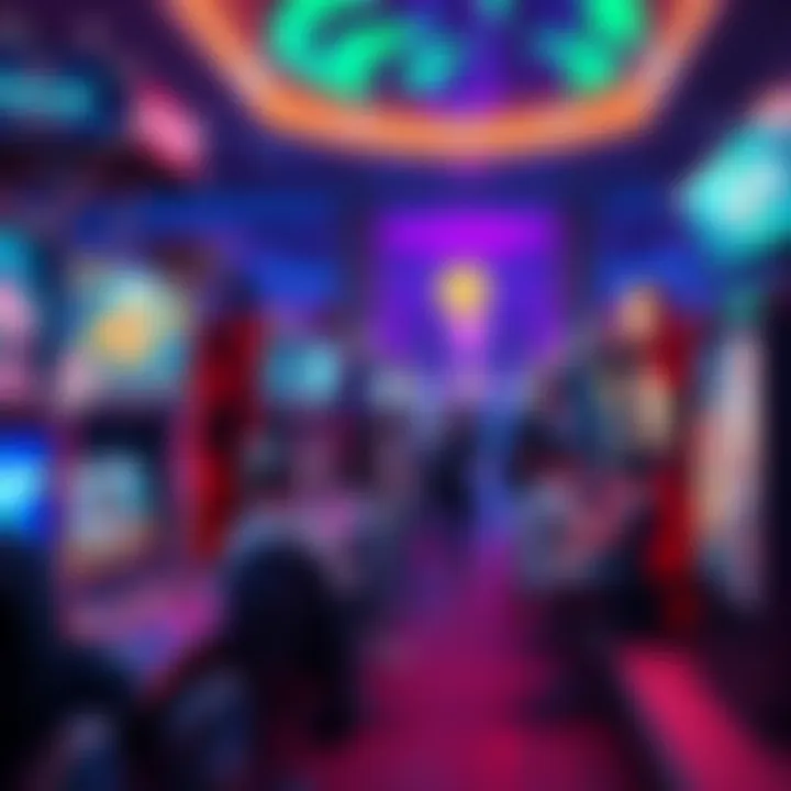 A group of players enjoying various games at the Atlas Arcade Event with vibrant screens and a lively atmosphere.