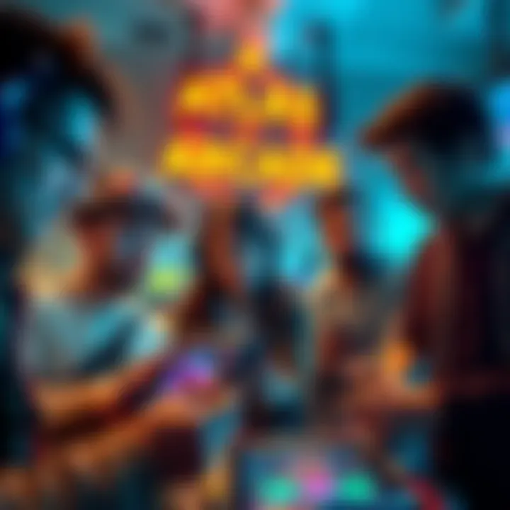 A group of players looking confused and frustrated while engaging with the Atlas Arcade game on their devices, discussing their lack of rewards.