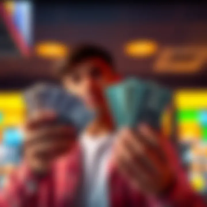 A person holding cash in one hand and Atlas Bucks in the other, looking thoughtful about their options.