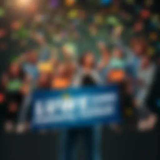 A group of happy winners holding Atlas Bucks, celebrating after the contest announcement, with confetti in the air.