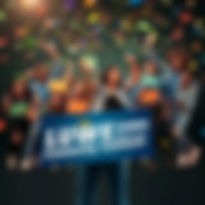 A group of happy winners holding Atlas Bucks, celebrating after the contest announcement, with confetti in the air.