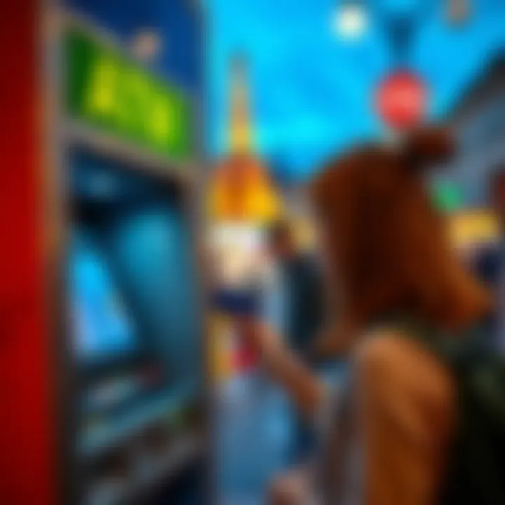 A US traveler using an ATM in a foreign country, checking fees on the screen while holding a debit card.