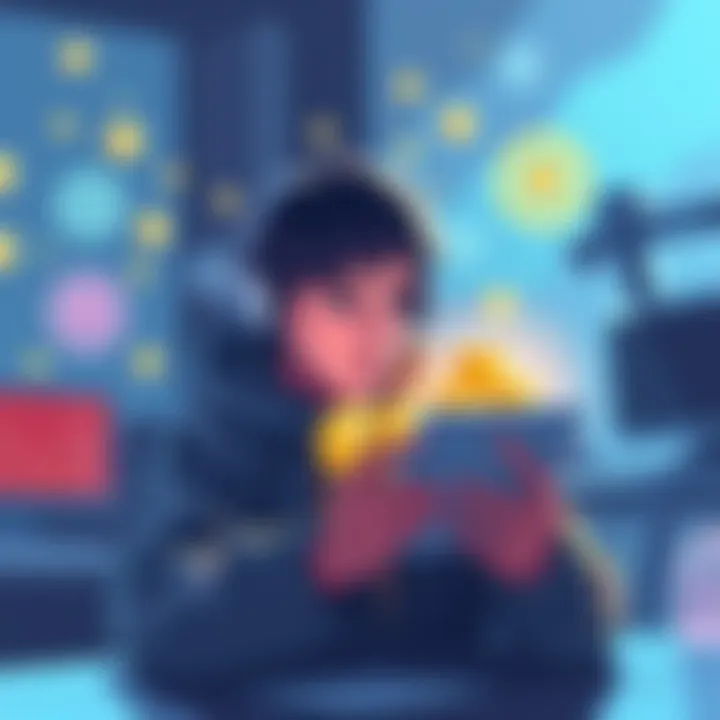 Illustration showing a person reviewing cryptocurrency staking rewards, with visuals of ATOM tokens and validators in the background.