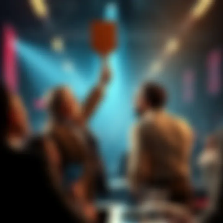 A scene showing two bidders at an auction, one holding a paddle high to indicate the top bid while the other is poised to place a final bid, surrounded by a crowd of attentive onlookers.