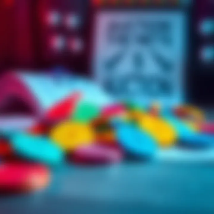 A close-up of colorful bid tokens placed on a table with an auction sheet in the background, indicating an auction event