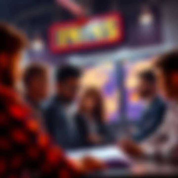 A group of people discussing auction tactics with a countdown timer in the background