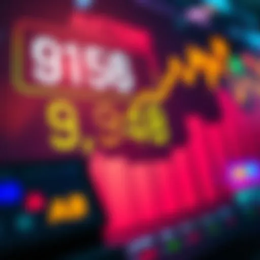 Close-up of a digital auction display showing bids increasing rapidly, with a countdown timer and colorful bid tokens