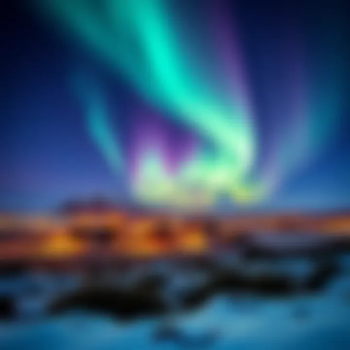 Vibrant aurora lights shining over the landscape near Akureyri, creating a stunning night sky spectacle