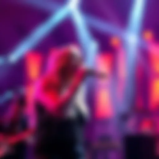 AURORA singing passionately at a live concert with colorful lights in the background