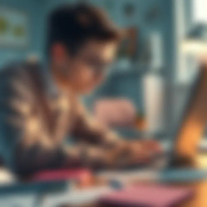 A focused Austrian student looking at a laptop while researching alternative online banks, with financial documents scattered around.