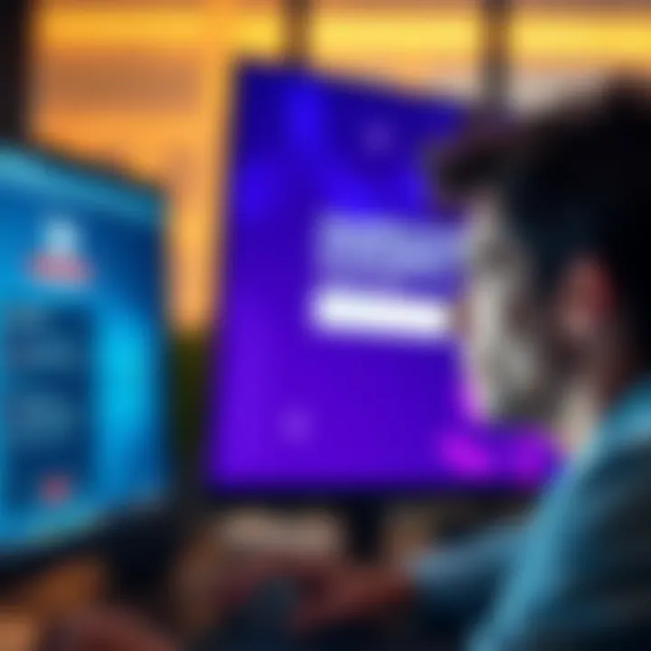 A person looking frustrated at a computer screen showing Auswide Bank's website with error messages about connectivity problems.