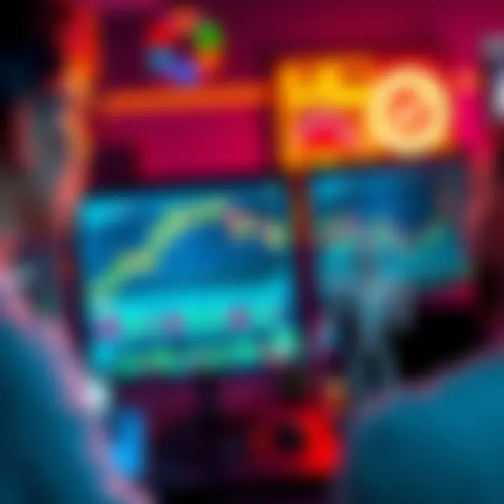 A person looking at trading charts on a computer screen while contemplating automation in trading. A robot icon symbolizing automation is shown nearby.