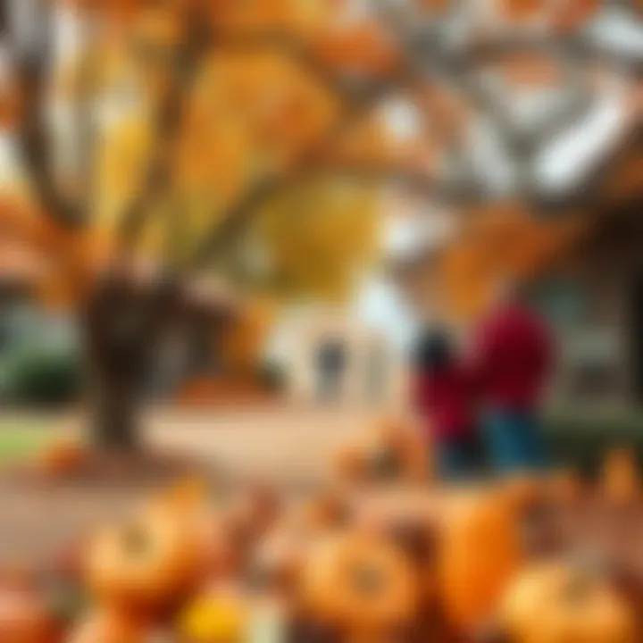 A cozy Texas scene with colorful autumn leaves, pumpkins, and people wearing sweaters enjoying the fall weather.